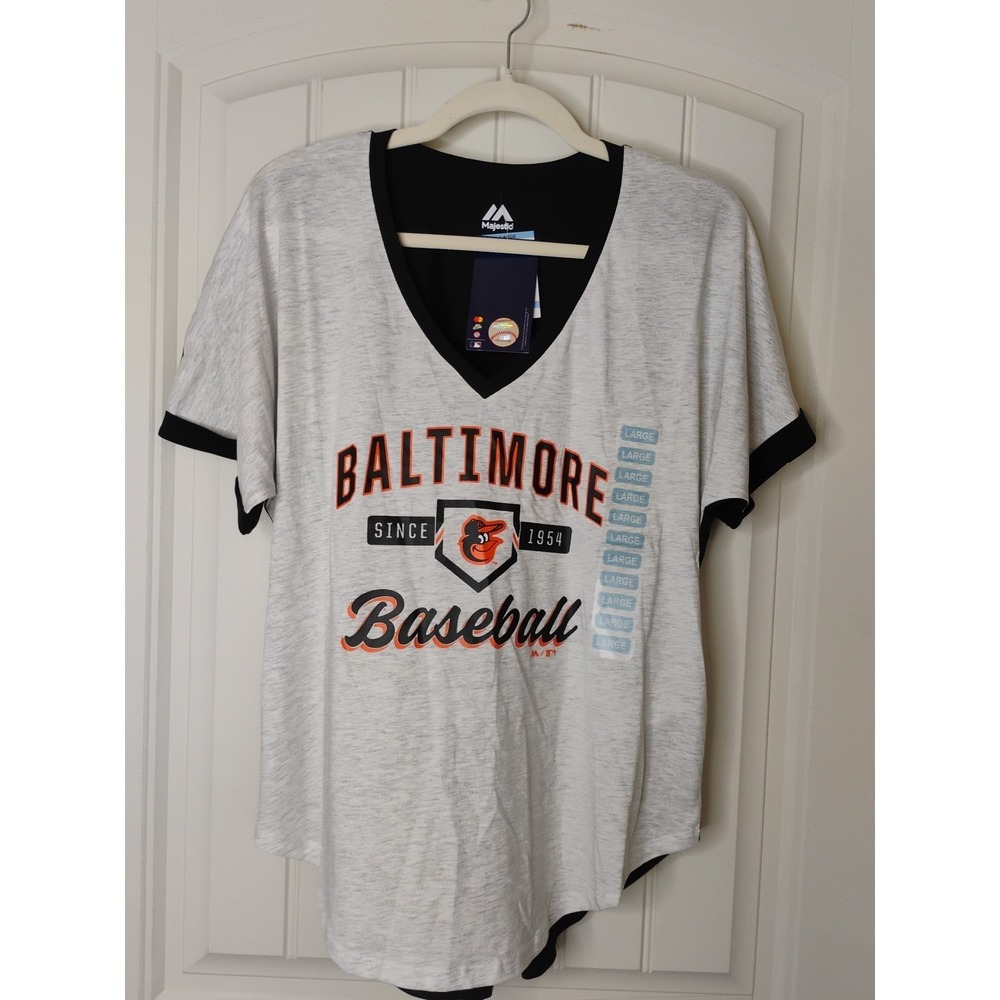 Majestic Baltimore Orioles V Neck Tee Shirt Women's Size Large Gray Black MLB